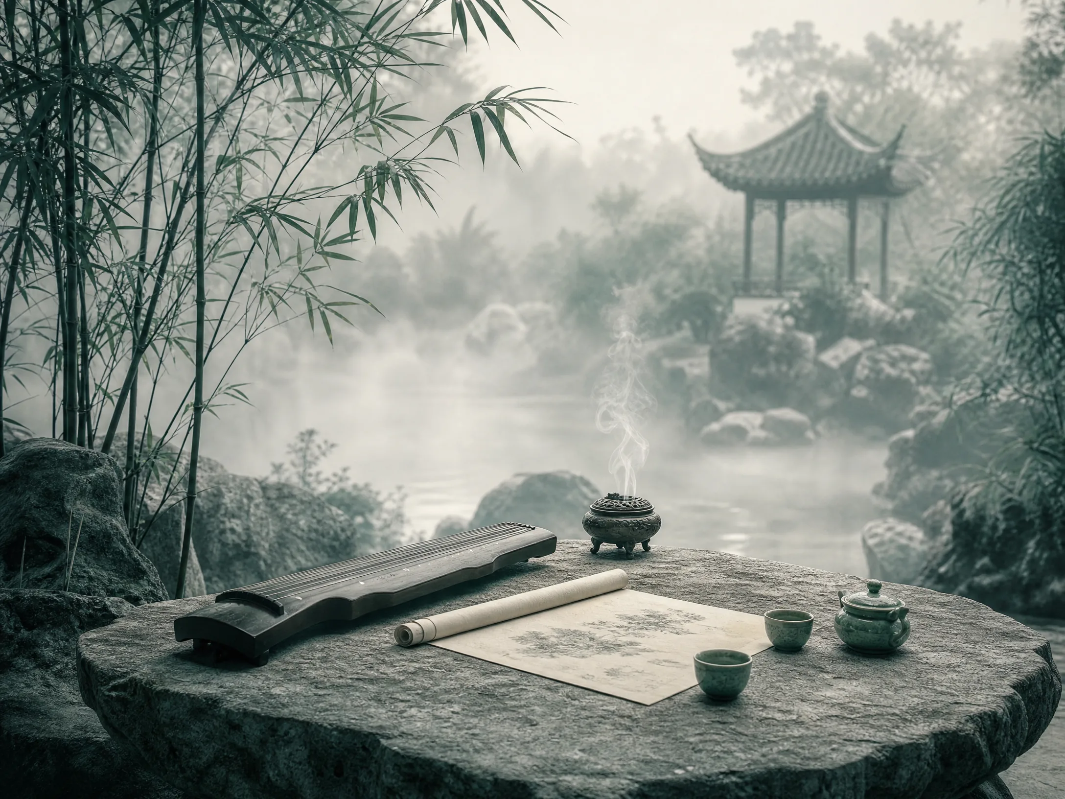 庭院雅集，石桌上陈设香‍炉、古琴与茶盏，四周竹影薄​雾
